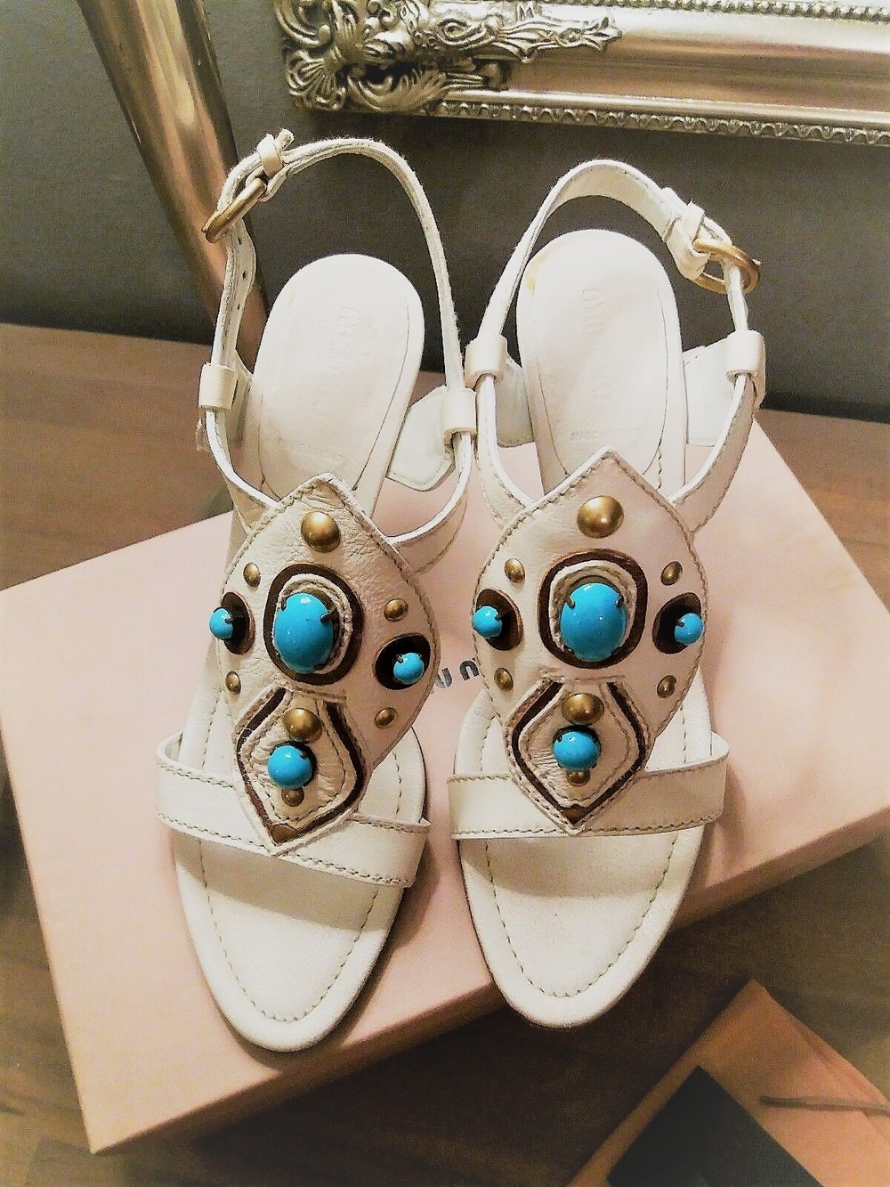 Stunning * Miu Miu Embellished Leather Slingback Sandals Shoes with Turquoise